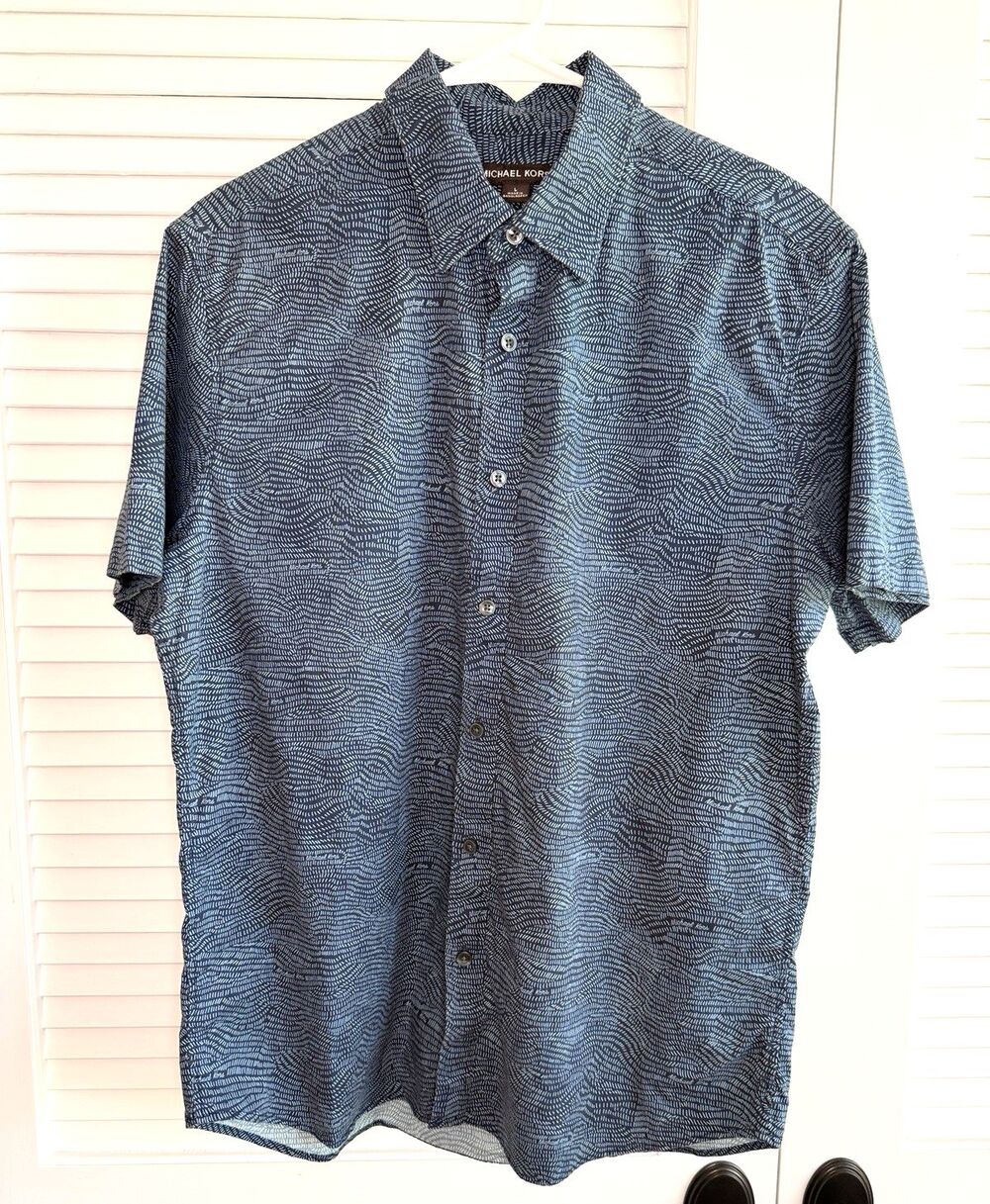 Michael Kors Mens L Slim Fit Blue Abstract Print Short Sleeve Button Front Shirt